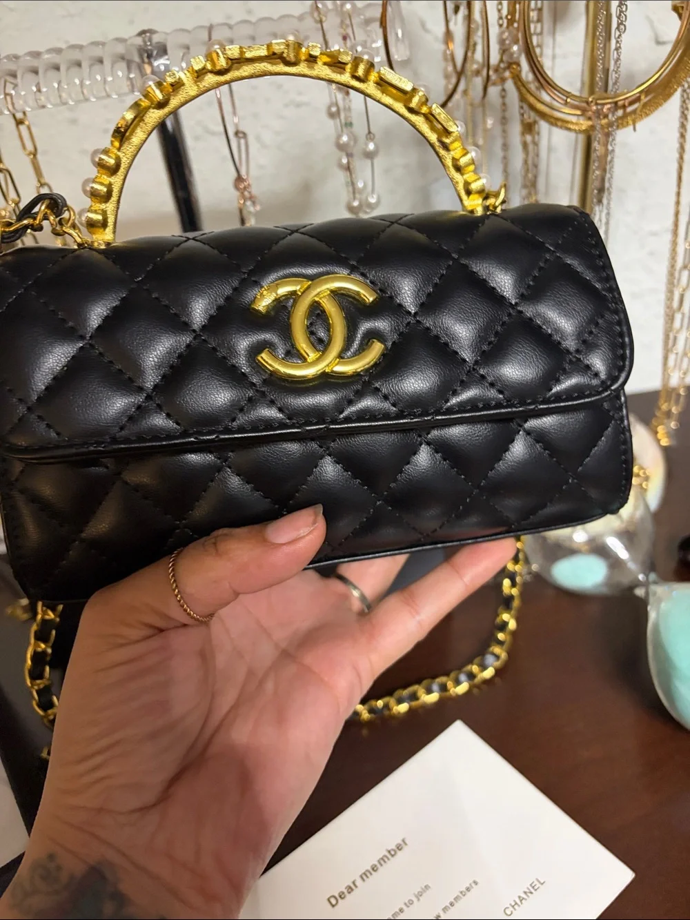GWP CHANEL / VIP /novelty Black Quilted Mini Chain Top-Handle Bag with Gold CC.